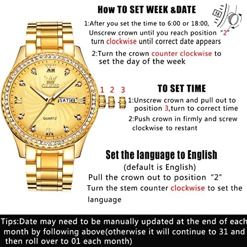 Fashion Gold Watches for Men Diamond Luxury Men's Wrist Watch with Day Date Waterproof Golden Stainless Steel Big Face Luminous Classic Dress Male Watches Casual Analog Quartz Watch for Young Man - Thumbnail 6