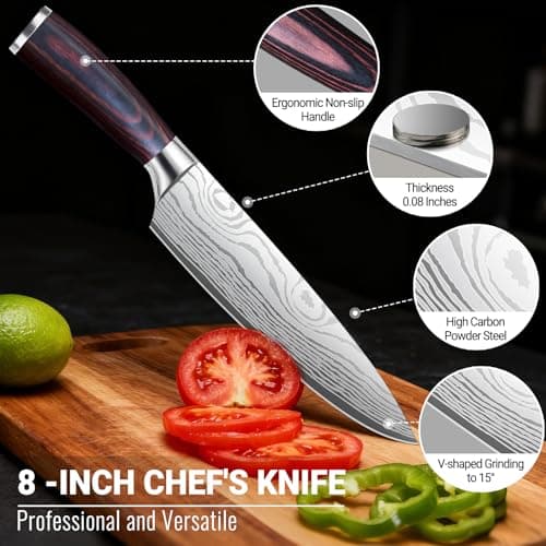Chef Knife 8 Inch Kitchen Knife - Ultra Sharp Japanese High-Carbon Steel Chefs Knife, Professional Cooking Knives with Ergonomic Wood Handle & Gift Box - Thumbnail 5