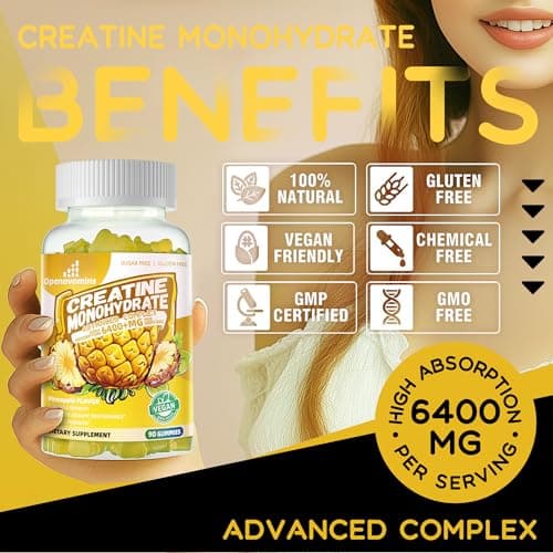 Creatine Monohydrate Gummies Complex for Men & Women -Advanced Formula W/L-Taurine + Vitamin B12, Sugar Free Chewable Supplement,90 Pineapple Gummies - Thumbnail 6