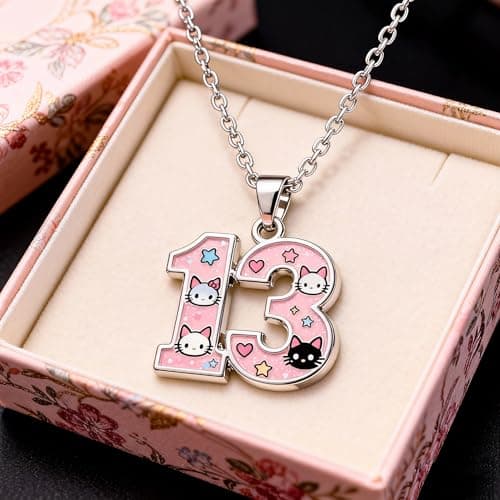 HBFKL Number 13 Dainty Necklace for Music Fans - Valentine's Gift Cute Cat Pink Glitter Enamel Pendant Jewelry, Trendy Gift for Music Lover Teen Girls & Women - Thumbnail 4