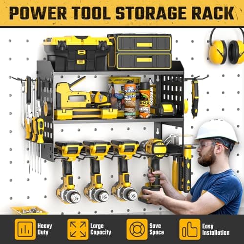 SPACECARE Power Tool Organizer, Drill Holder Wall Mount with 2 Side Pegboards with Hooks, 3 Layer Garage Organization Heavy Duty Tool Organizers Utility Rack for 4 Drill Holders Black - Thumbnail 6