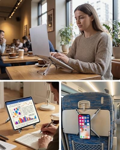 Viozon Portable Laptop Stand for Desk, Foldable Adjustable Computer Riser with Magnetic Phone Holder, Aluminum Laptop Stand for 10–16” Laptops & 4–13” Phones/Tablets (Silver) - Thumbnail 2