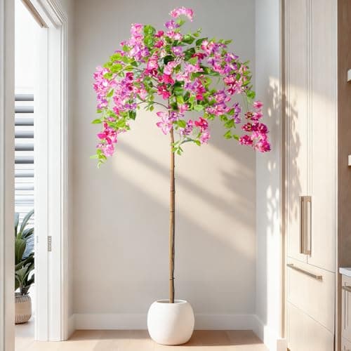 Erimda 6FT Artificial Bougainvillea Tree Artificial Tree Tall Potted Fake Bougainvillea Trees for Outdoor Indoor Lifelike Potted Faux Plants with Wood Trunk and Flowers Office Wedding Home Decor - Image 1