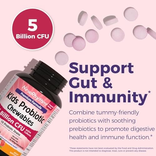 NewRhythm Kids Probiotic Chewables, 5 Billion CFU 10 Strains, with Prebiotic Fiber Inulin & Organic Acacia for Age 3+, Natural Peach Flavored, for Digestive & Immune Support, 30 Chewable Tablets - Thumbnail 2
