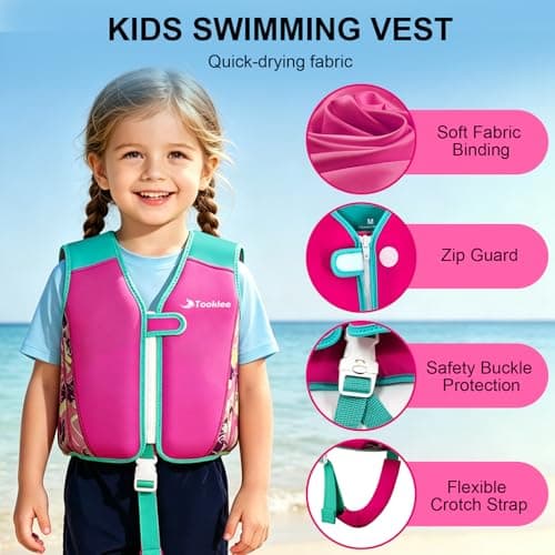 Tooklee Kids Swim Vest for Girls 1-2-3-5-7-9 Years Old, Toddler Swim Vest 20-30-40-80 Pounds with Adjustable Buoyancy for Swimming Trainer, Kids Pool Floaties Jacket with Crotch Strap, Pink, L - Thumbnail 4