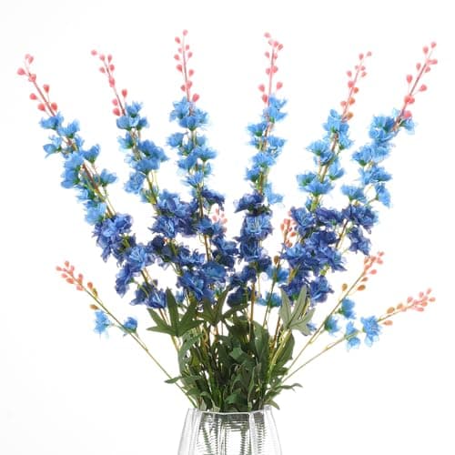 LILUYTO 6PCS Blue Delphinium Artificial Flowers, Long Stem Faux Larkspur Silk Flowers, 33.5" Bendable Fake Flowers Bouquets for Tall Vase Table Kitchen Home Offices Garden Wedding Decor