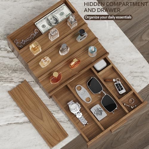 Hrbjunuo Solid Walnut Cologne Organizer for Men,4 Tier Cologne Stand,Wooden Cologne Holder Display Shelf with Drawer Storage and Hidden Compartment,Perfume Stand Organizer,Gift for Men Dad Husband - Thumbnail 2