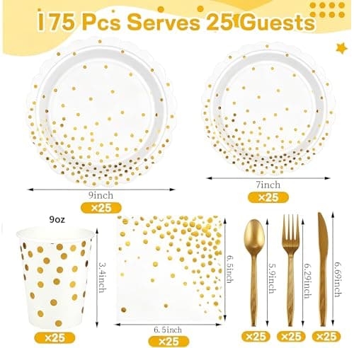 Xiangqu 175 Pcs White and Gold Paper Plates and Napkins, Disposable Gold Party Dinnerware Include Scalloped Party Plates Napkin Cups Plastic Cutlery for Birthday Wedding Graduation Congratulations - Thumbnail 2