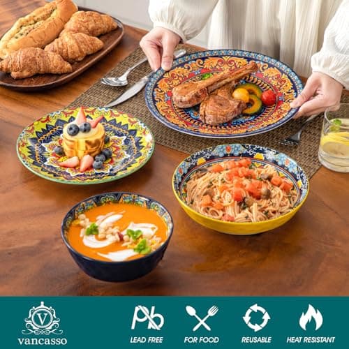 vancasso 16 Pieces Plates and Bowls Set, Bohemian Style Dinnerware Sets Service for 4, Porcelain Boho Dishes Set for Kitchen, Housewaring Gift, Dishwasher and Microwave Safe, Series KRVI - Thumbnail 3