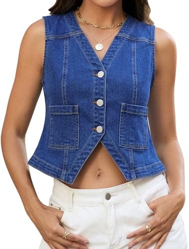 Eddoyee Stretchy Cropped Denim Vest Women Western Jean Vest Tops Concert Outfits Cowgirl Summer Fitted Waistcoat with Pockets(Dark Blue Denim, Small) - Image 1
