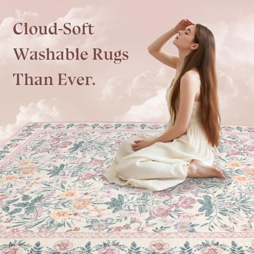 Pink Rugs for Bedroom Girls: Floral 5x7 Washable Area Rug for Nursery Kids Room Living Room Boho Decor - Soft Non-Slip Non-Shedding Carpet - Thumbnail 5