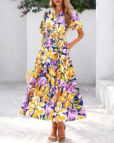 dowerme Womens Summer Dresses 2026 Casual Puff Short Sleeve V Neck Floral Boho Tiered Ruffle Maxi Dress with Pockets(Navy Yellow Purple,Small) - Thumbnail 3