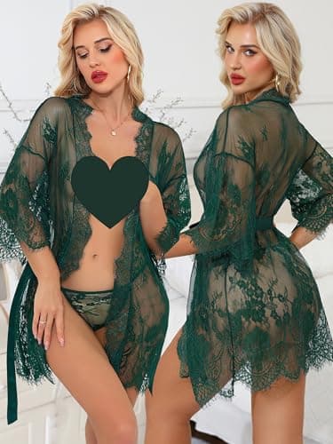 Rigeri Lace Robes For Women Sexy Ruffle Sheer Mesh Kimono Dark Green L - Thumbnail 4