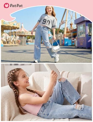 PATPAT Baggy Girls Jeans Wide Leg Denim Pants Ripped High Waist Elastic Y2K Trendy Jeans for Teens with Pockets Light Blue 13-14Y - Thumbnail 4