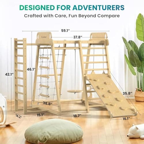 BlueWood Upgraded Indoor Jungle Gym 9-in-1 Playground Kids Climbing Toys, Waldorf Style Wooden Climber Playset with Slide, Swing, Monkey Bars, Upright/Rope Ladder, Climb Net, Natural Wood Color - Thumbnail 2