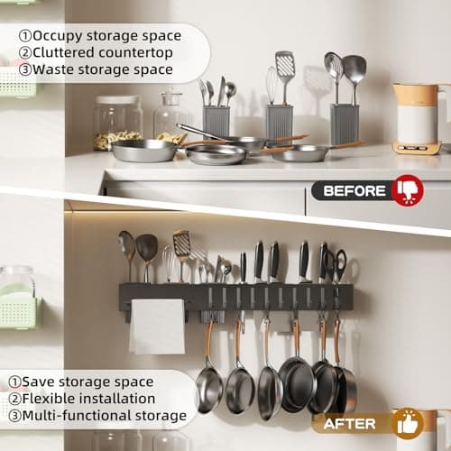 NAT MEYA Stainless Steel Pot and Pan Hanger,Wall Mounted Pot Rack Kitchen Hanging Rail With S Hooks,Detachable Pans Hanging Rail Kitchen Utensils Hanger,23.7 Inch Wall Mounted Hanging Pot Rack - Thumbnail 5