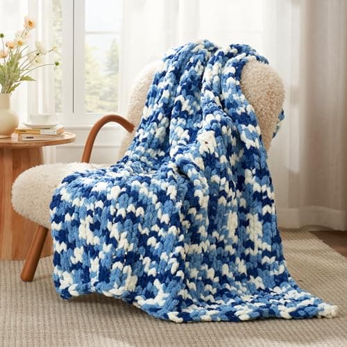 Amélie Home Chunky Knit Throw Blanket for Couch, Soft Chenille Crochet Blanket for Sofa, 50"x60", Space-Dyed Blue - Image 1