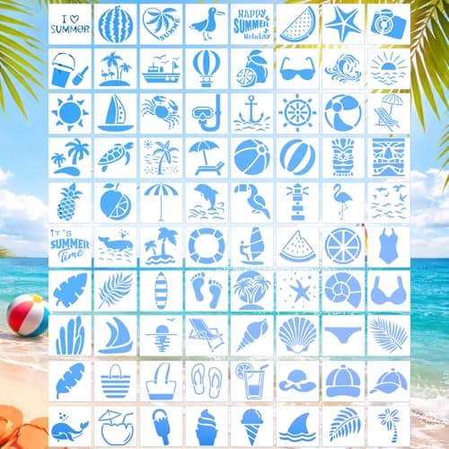 80 Pcs 3 Inch Summer Stencils for Painting, Reusable Beach Ocean Stencils for Wood, Wall, Canvas & Cards, Tropical DIY Crafts Decor - Image 1