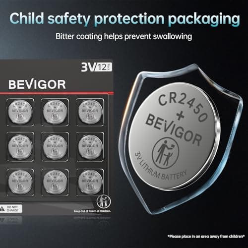 BEVIGOR 2450 Battery Compatible with AirTag CR2450 Lithium 3V Coin Battery for Child Safety, Suitable for Key Fobs, Smart Sensors, Scales, Candles and More (CR2450-12P) - Thumbnail 2