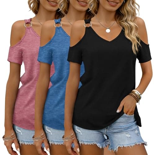 BOHOWE 3 Pack Women's Cold Shoulder Tops V Neck Short Sleeve T-Shirts Fashion Cutout Summer Tees - Image 1