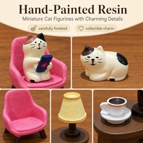 Edyocey Miniature Cat Figurines Set, 4-Piece Resin Cat with Sofa & Lamp, Cute Desk Decor for Office & Home, Gift for Cat Lovers (Cat) - Thumbnail 3
