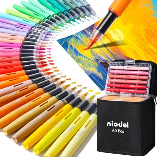 Niodel 60 Colors Direct Liquid Acrylic Paint Markers, Flexible Brush Tip, Instant Flow (No Pressing Required), High Opacity Paint Pens for Rock Painting, Wood, Canvas, Glass, DIY Crafts
