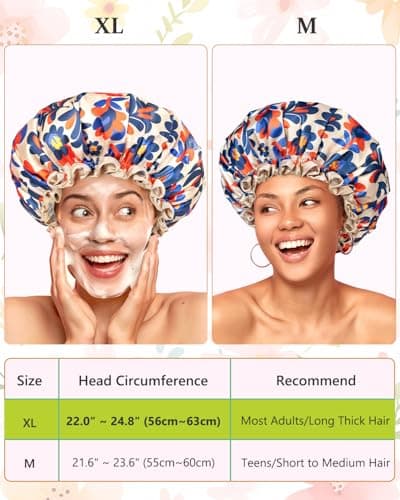 mikimini Reusable Showe Cap for Women Waterproof, Large Shower Caps with Elastic Band & Double Layers - Adjustable Shower Bonnet for Long Hair, Braids, Bold Abstract Print Hair Cap - Thumbnail 2