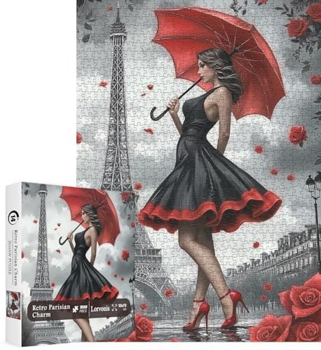 Paris Flower Woman with Umbrella Puzzles for Adults 1000 Pieces, Eiffel Tower Beautiful Girl Jigsaw Puzzles, Challenging Retro Art Puzzles - Thumbnail 2