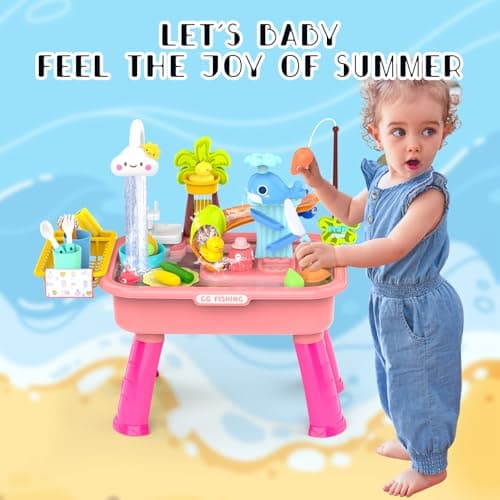 YUANNA 2026 Upgraded Water Table for Toddlers, Kids Sand Water Table with Pump, Play Sink with Running Water, Fishing Game and Outside Sensory Toys, Pink - Thumbnail 2