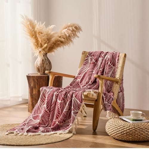 DOWN HOME Chenille Cotton Throw Blanket for Couch, Lightweight Boho Blanket for Bed Sofa Chair Living Room Outdoor Soft Woven Decorative Blanket with Tassel Gift Red Leaves 55"x60" - Thumbnail 2