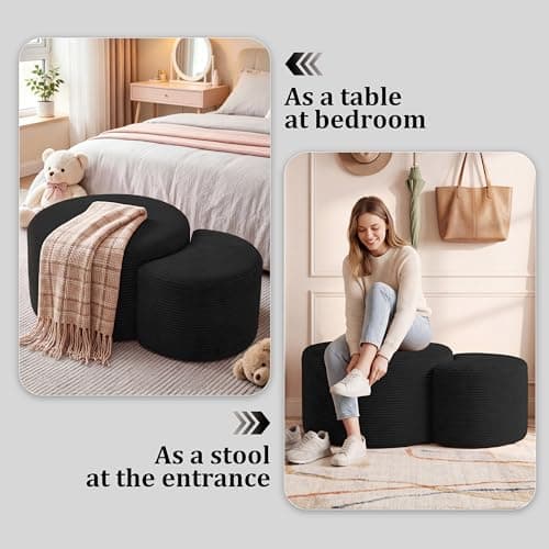 BSHOMGI Nesting Coffee Table Set of 2, Upholstered Round Corduroy Circle Foam Round Side Table for Living Room, Entryway Set, 32"+17" Footrest No Assembly (Black, 32"+17") - Thumbnail 4