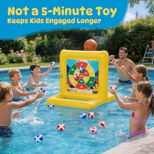 TicTac Shot Pool Toys Games for Kids & Adults, 2-in-1 Pool Basketball Hoop & Dart Target, Family Pool Party Games with Multiple Balls - Yellow - Thumbnail 3