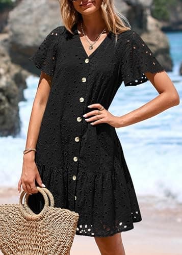 KIRUNDO Eyelet Dresses for Women 2026 Spring Summer Short Sleeve Button Down Loose Mini Babydoll Dress Beach Vacation Clothes(Black, Small) - Thumbnail 4