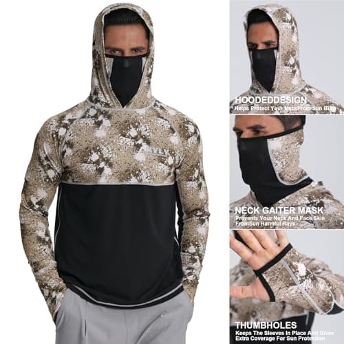Men's Fishing Shirts with Mask Cap Sun Protection Hoodie Rash Guard Shirts Long Sleeve UPF 50+ Hiking Shirt(M) Khaki - Thumbnail 5