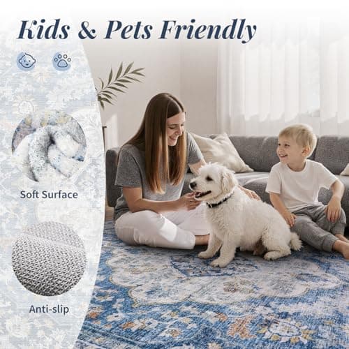 tchdio 5x7 Area Rugs for Living Room, Vintage Non Slip Washable Rug, Soft Low Pile Area Rug Large Floor Indoor Carpet for Bedroom, Dining Room, Office (Blue, 5'x7') - Thumbnail 3