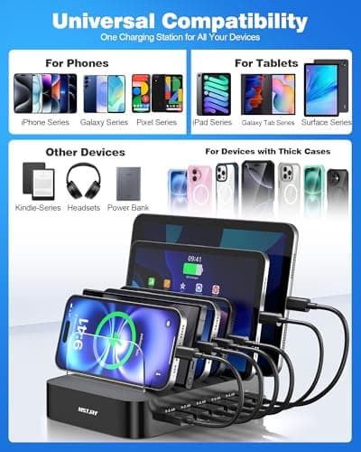 MSTJRY Charging Station for Multiple Devices : 6 Port USB Charger Stations - Family Multi-Device Organizer Charging Dock - Designed for iPhone iPad Android Cell Phone Tablet and Electronic, Black - Thumbnail 6