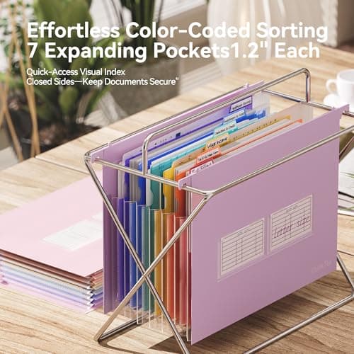 ThinkTex Plastic Expanding Hanging File Folders, 7 Innovative 1.2" Accordion Pockets, Large Capacity, Multi-Color Tabs, Letter Size for Filing Cabinet - Purple - Thumbnail 4