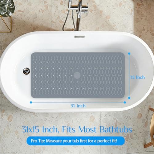 Non Slip Bathtub Mat & Shower Mat, 31x15'' Anti Slip Bath Mat for Tub, Soft TPE Anti-Skid Bathroom Mat with 194 Suction Cups & Drain Holes, Wave-Textured Grip, Machine Washable, Grey - Thumbnail 4