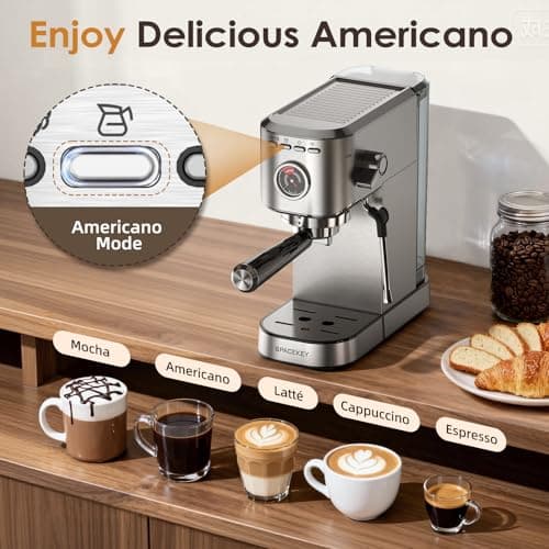 Spacekey Espresso Machine with Milk Frother, 20 Bar Compact Expresso Coffee Machines for Home, Stainless Steel Espresso Maker with 39oz Removable Water Tank for Cappuccino Latte, Fast Heating, Silver - Thumbnail 4