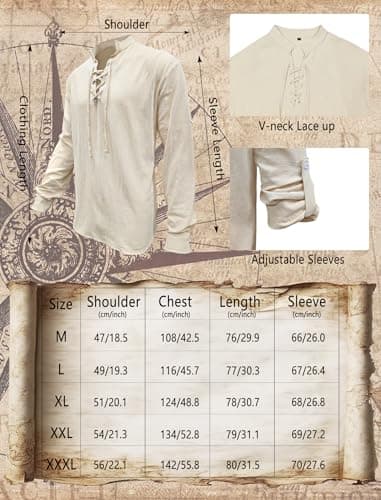 Verceco Mens Pirate Costume Outfit Renaissance Costume Men Medieval Outfit With Pirate Pants Shirts Sash Accessories (khaki, XXX-Large) - Thumbnail 6