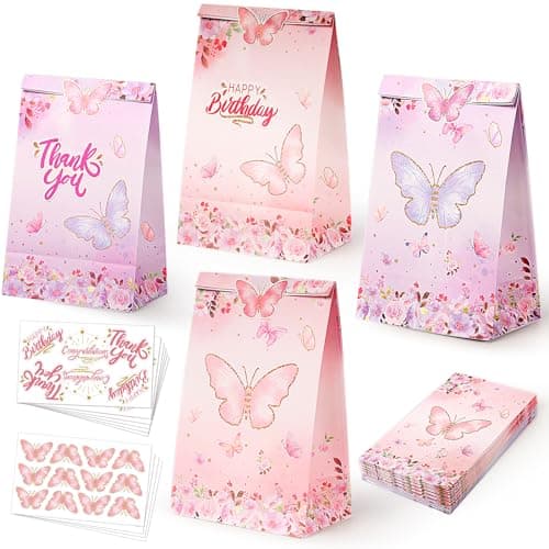 LWBDD 24 Pcs Butterfly Party Favors Gift Goodie Treat Candy Bags Rainbow Party Decorations Butterfly Supplies for Birthday & Thank You Paper Gift Bag with 24 Stickers - Image 1