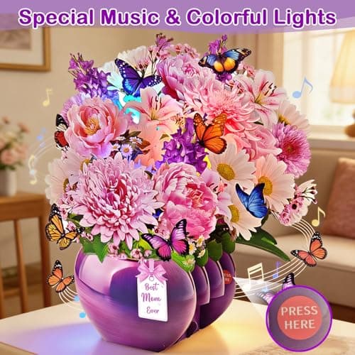 XUNXMAS Mother’s Day Card, Happy Birthday Card Peony Flower Bouquet Design, Forever Flower Bouquet Mothers day Card, 3D Pop Up Birthday Card for Mom with Music&Lights, Anniversary for Wife, Mother, Her - Thumbnail 2