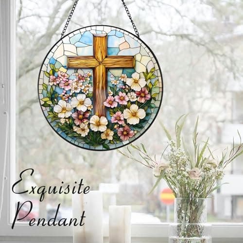 Zizzie Stained Glass Cross Suncatcher - 7.9" Real Glass Wooden-Textured Cross & Flowers Window Hanging, Weatherproof Christian Religious Decor, Sympathy Memorial Easter Gift for Mom Women - Thumbnail 5