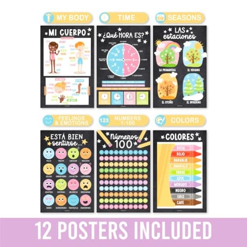 Hadley Designs Spanish Posters for Classroom - 12 Spanish Classroom Decorations, Laminated Educational Posters for Toddlers, Carteles Educativos en Español, Chalkboard Bilingual Homeschool Essentials - Thumbnail 5