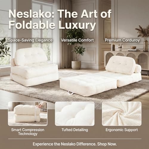 NESLAKO Folding Sofa Bed, Flannel Futon Couch Bed with Pillow and Blanket, Convertible Sleeper Chair for Living Room Bedroom, White - Thumbnail 3