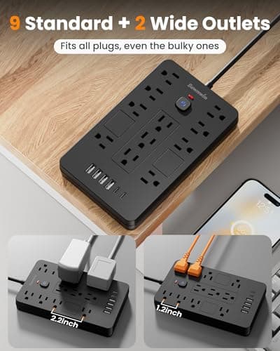 Bawmwim Surge Protector Power Strip - 11 Outlets(1850W/15A) with 6 USB Ports(2 USB C), 6FT Flat Plug Extension Cord, Wall Mount, Black, ETL Listed for Home, Dorm Room - Thumbnail 3