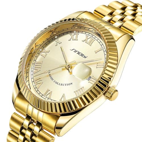 SINOBI Men's Luminous Hand Calendar Date Quartz Watch Classic Stainless Steel Watches for Men (Gold) - Thumbnail 3