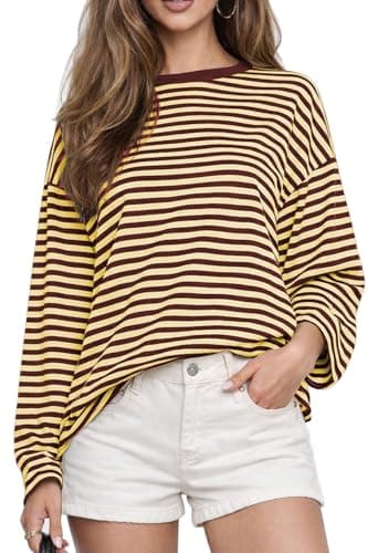 CHYRII Women Oversized Striped Long Sleeve T Shirts Fashion Casual Fall Spring 2026 Y2K Tops (Yellow+Ancora Red S) - Image 1