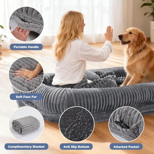 OtterOasis Foldable Human Dog Bed 72"x44"x12", Fluffy Faux Fur Pet Bed with Blanket, Orthopedic Dog Bed with Egg Foam and Water Repellent Liner (Light Grey (Surround), 72" Length) - Thumbnail 4