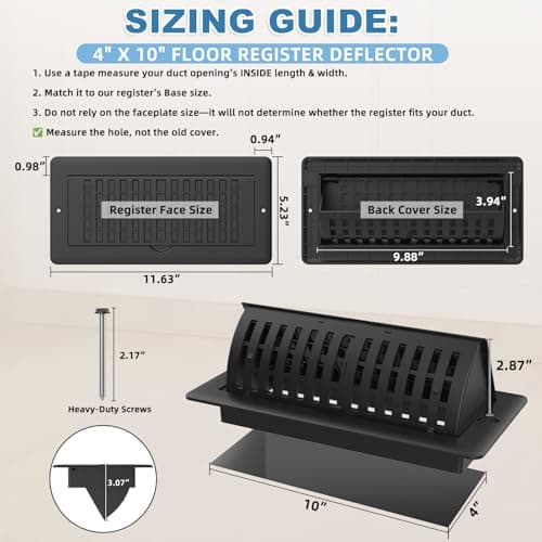 4x10 Floor Register with Vent Deflector, Adjustable Floor Vent Covers, Air Vent Deflector Includes Mounting Screws for Wall & Ceiling for Easy Install, 2 In 1 Vent Covers for Home Floor, Black, 2 Pack - Thumbnail 6